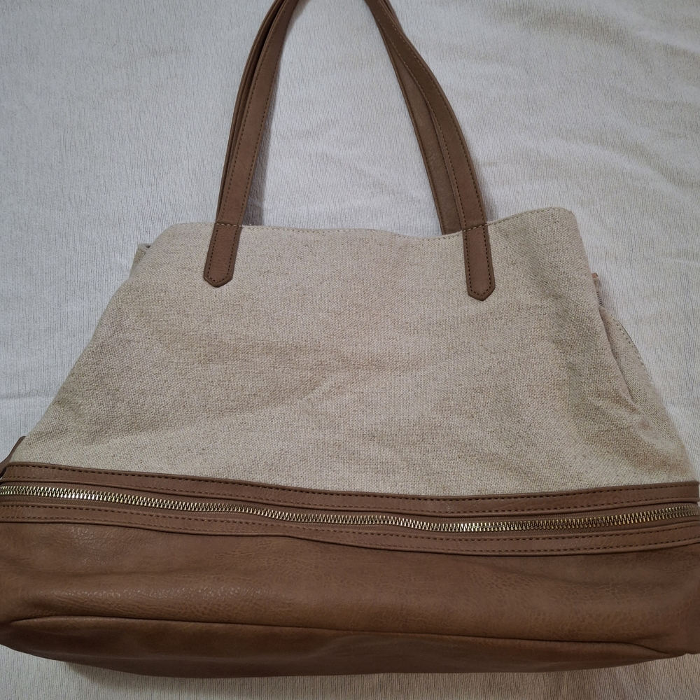 Canvas and Faux Leather Tote Bag in Beige and Tan